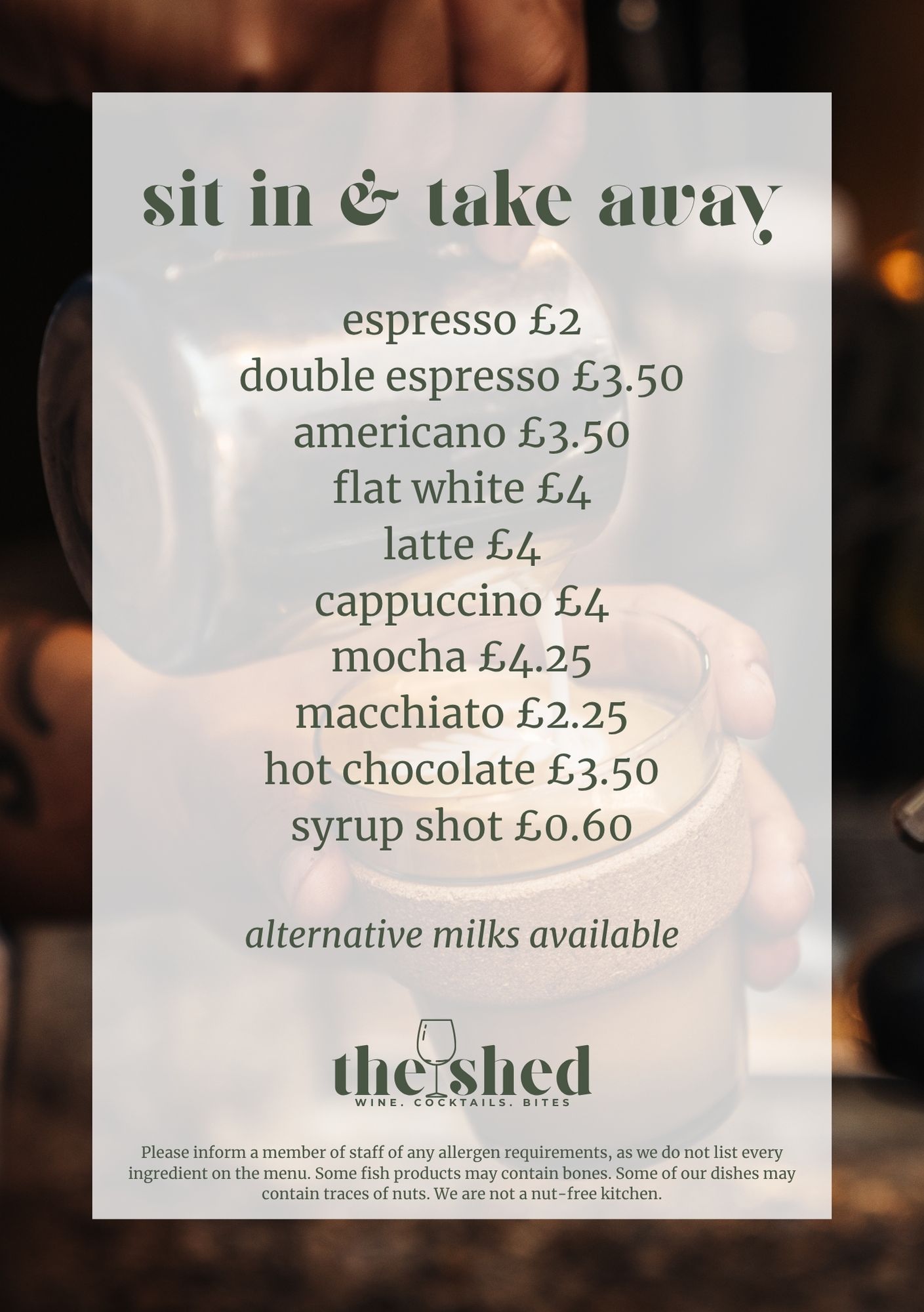 Hot drinks menu at The Wine Shed, Market Harborough – espresso, latte, cappuccino, hot chocolate, and more