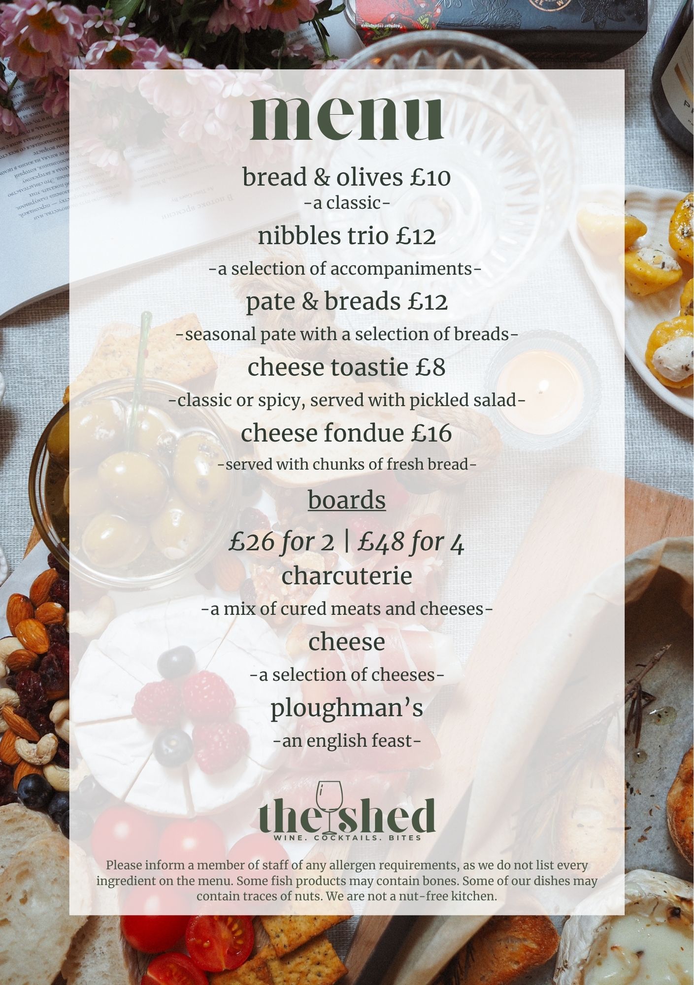 Bites and sharing menu at The Wine Shed, Market Harborough – focaccias, salad bowls, charcuterie and cheese boards
